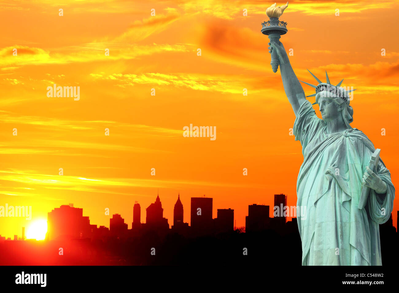 New York City Skyline and The Statue of Liberty at Sunset , Lower ...