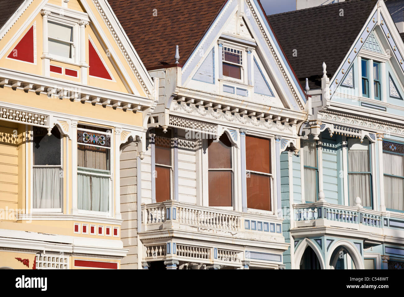 San Francisco  the famous 'Painted Ladies' well maintained old Victorian houses on Alamo Square California USA Stock Photo