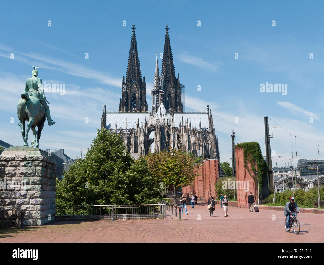 Statue of Kaiser and the Dom or Cathedral in Cologne Germany Stock Photo