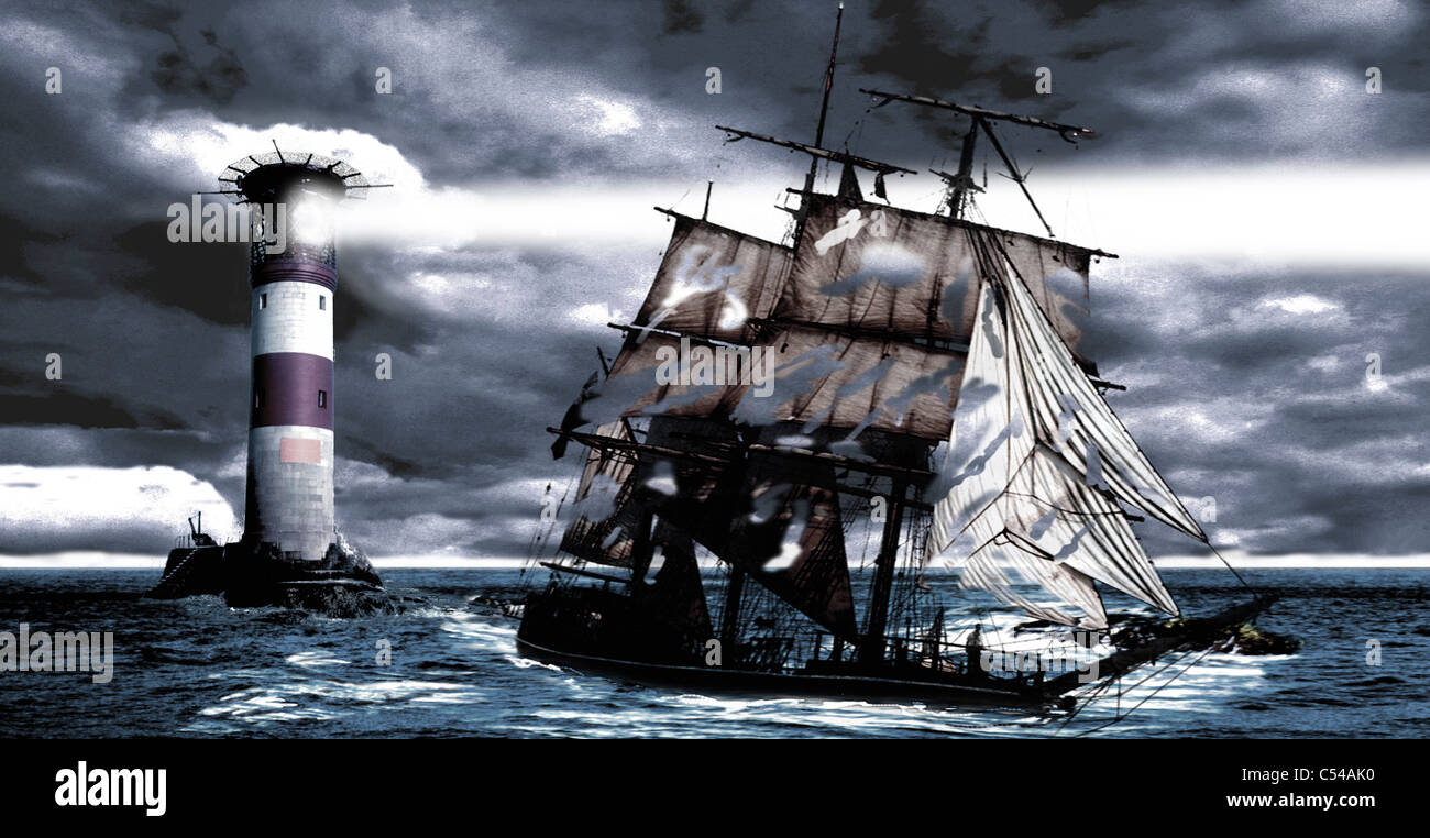 Lighthouse Sinking Ship Galleon Pirate Sail Shredded Storm