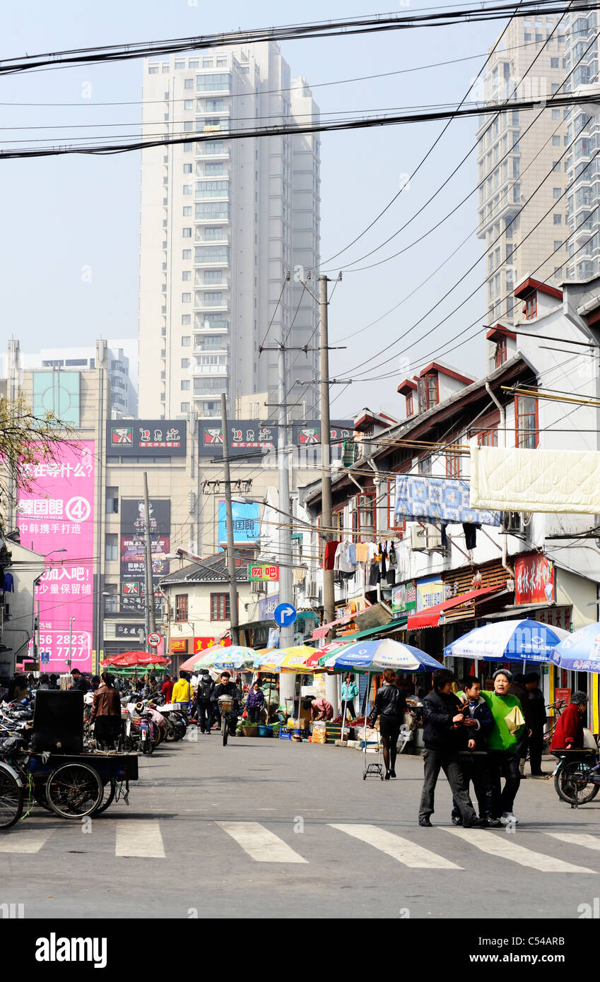 Typical street scene in the old town area of Shanghai Stock Photo