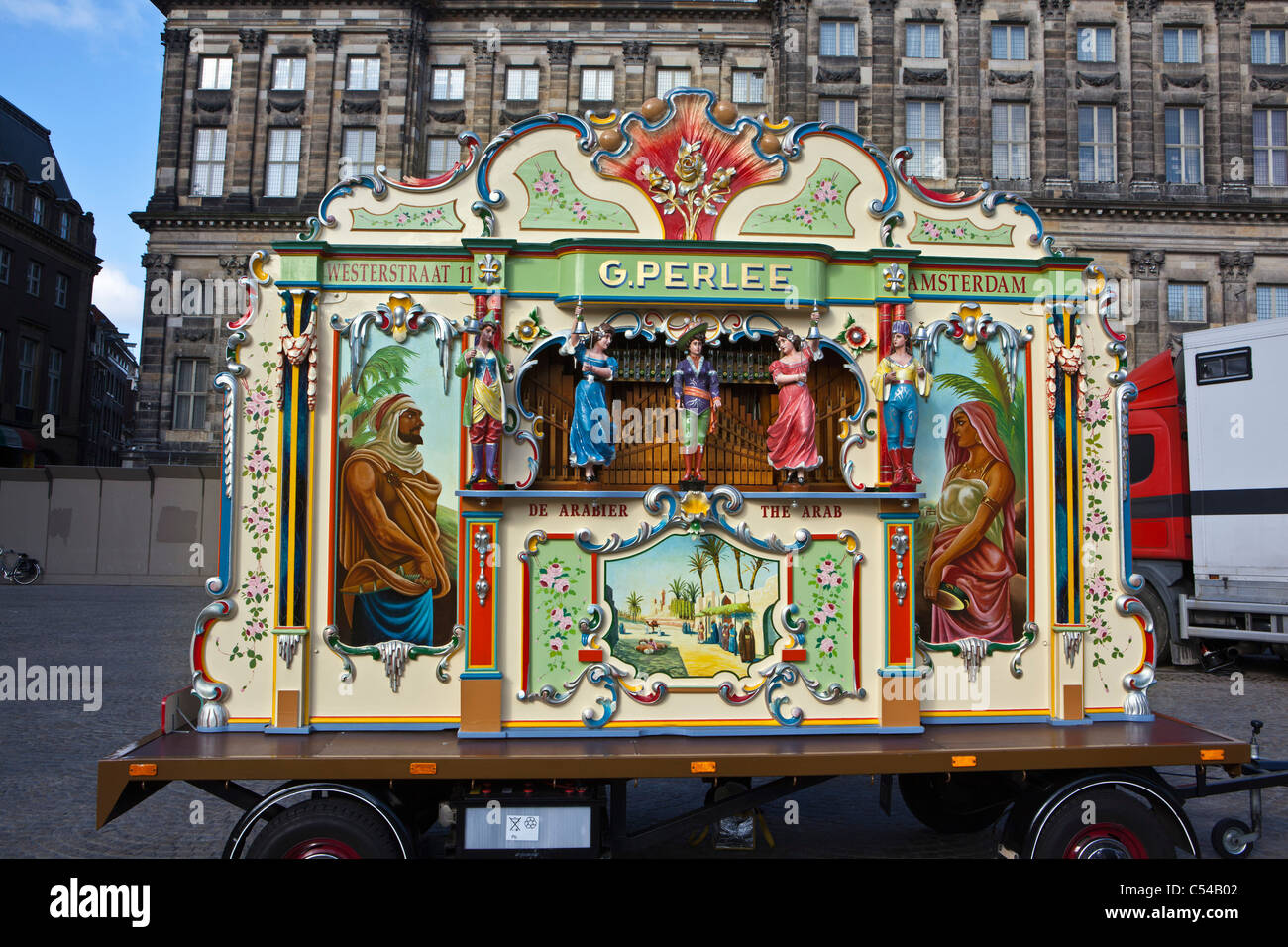 The Netherlands, Amsterdam, Yearly parade of street organs on Dam Square. Stock Photo