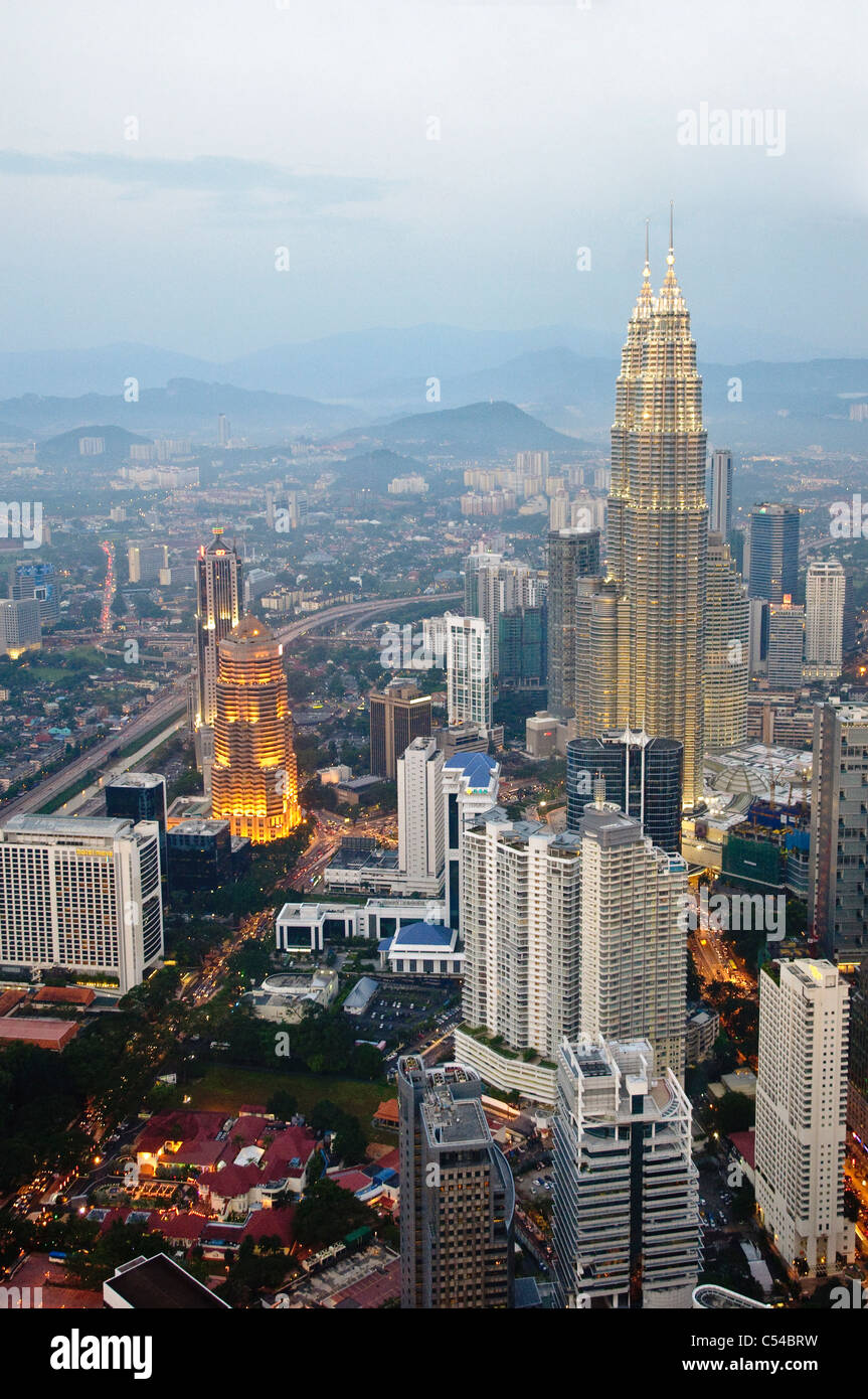 Petronas Twin Towers, view from Menara TV Tower, the fourth largest telecommunications tower in the world, Kuala Lumpur,Malaysia Stock Photo