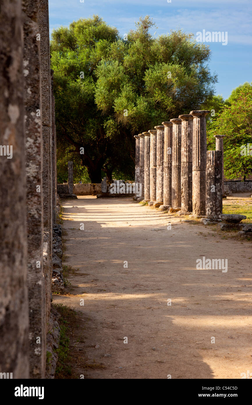 Remaining columns from the Gymnasium in ancient Olympia Greece - home to the original Olympic Games, starting in 776 BC Stock Photo