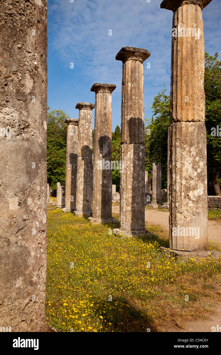 Remaining columns from the Palestra in ancient Olympia, Greece, home to the original Olympic games, starting in 776 BC Stock Photo