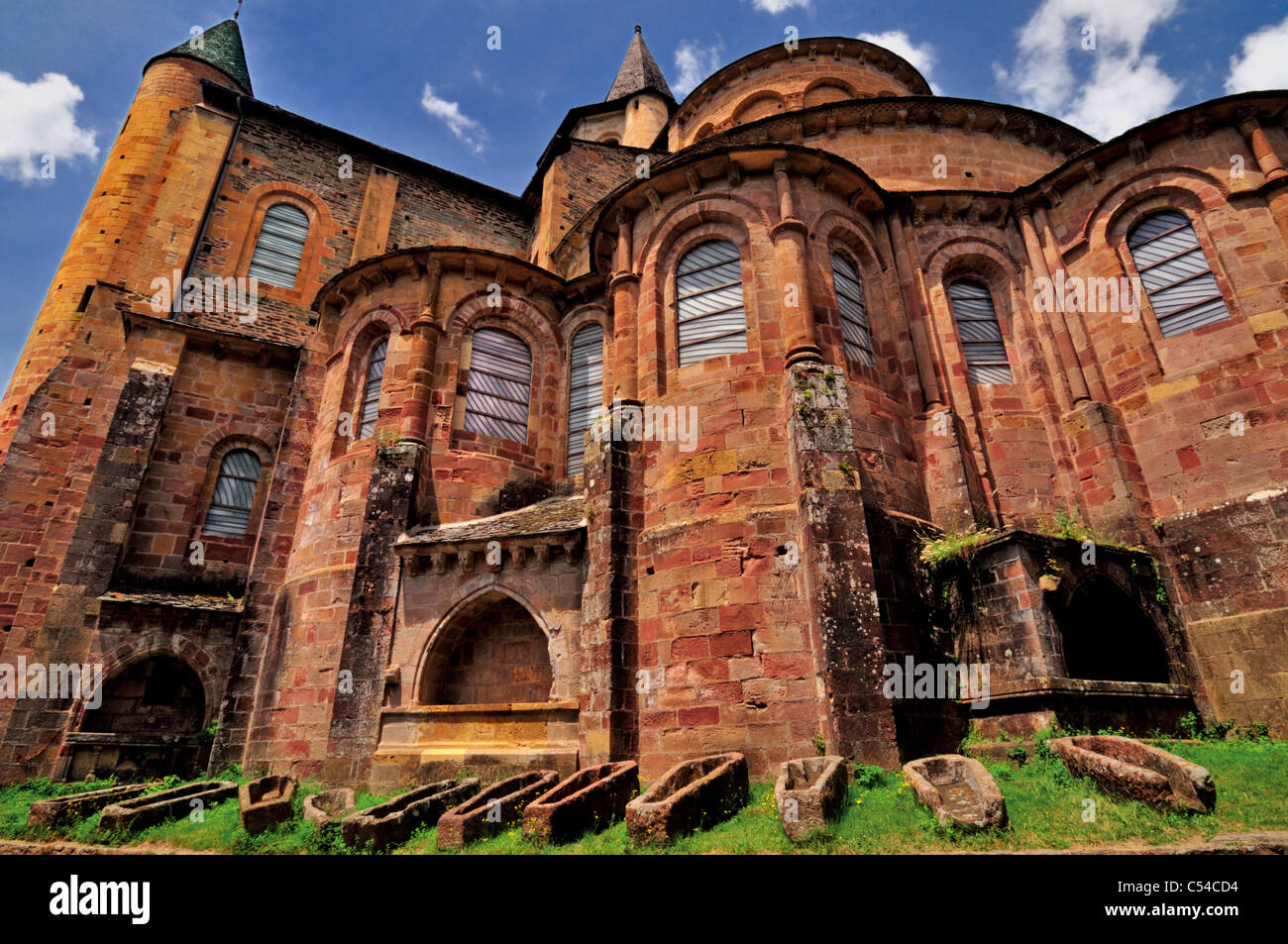 France, Conques: Back view of the Abbey St. Foy Stock Photo