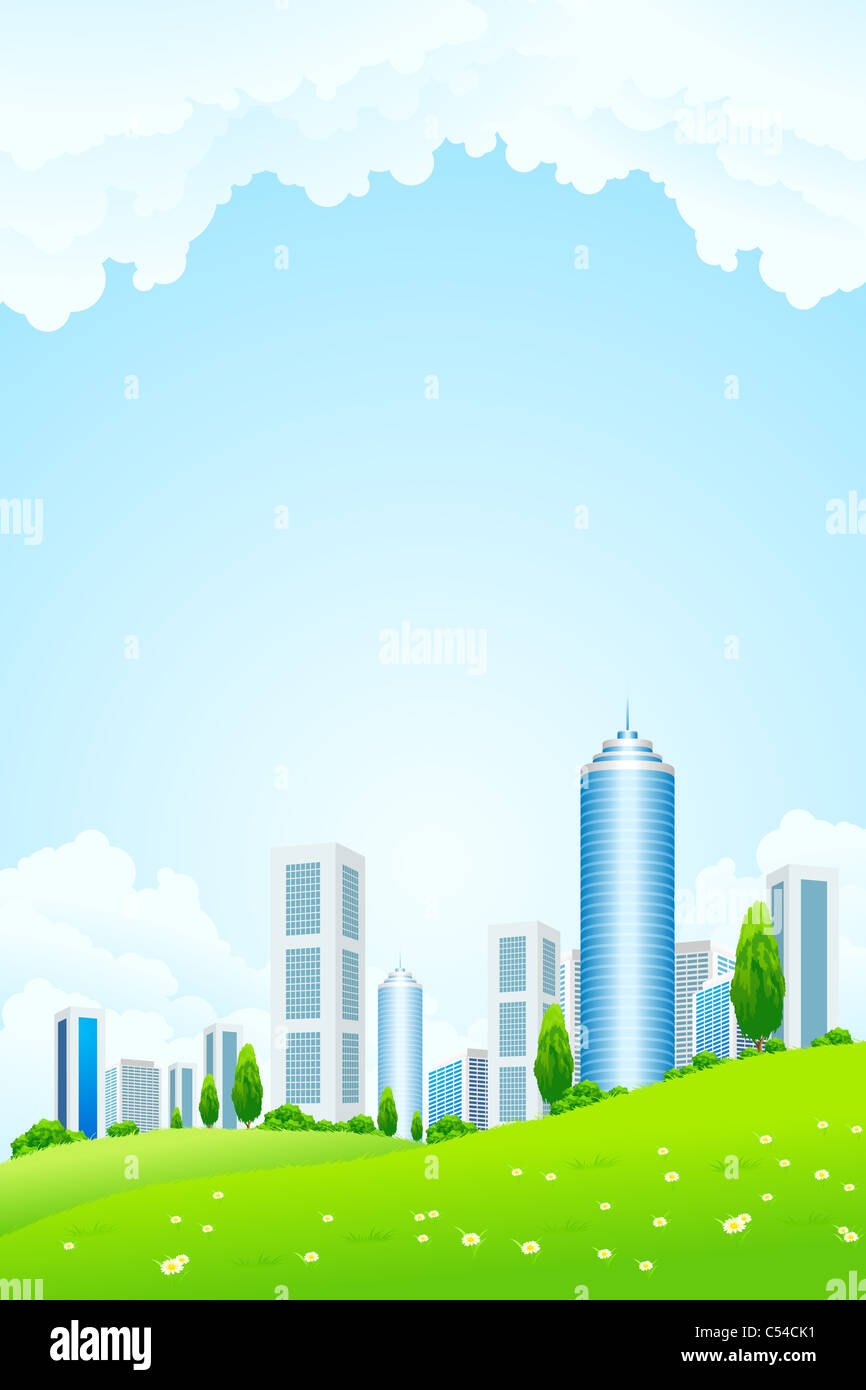 Green landscape with tree city and clouds Stock Photo - Alamy