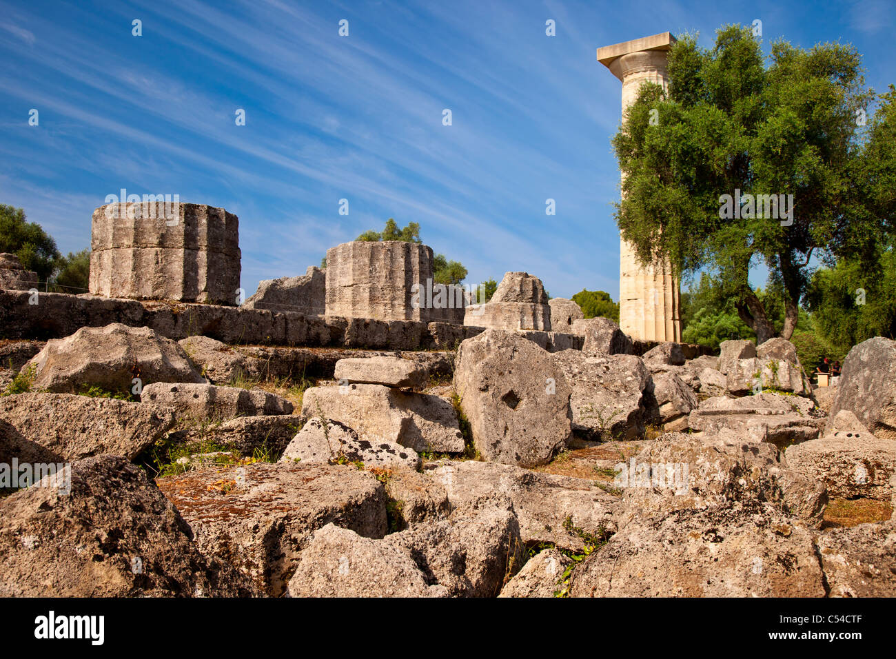 Ruins of the Temple of Zeus in Olympia Greece - home to the original Olympic Games, starting in 776 BC Stock Photo