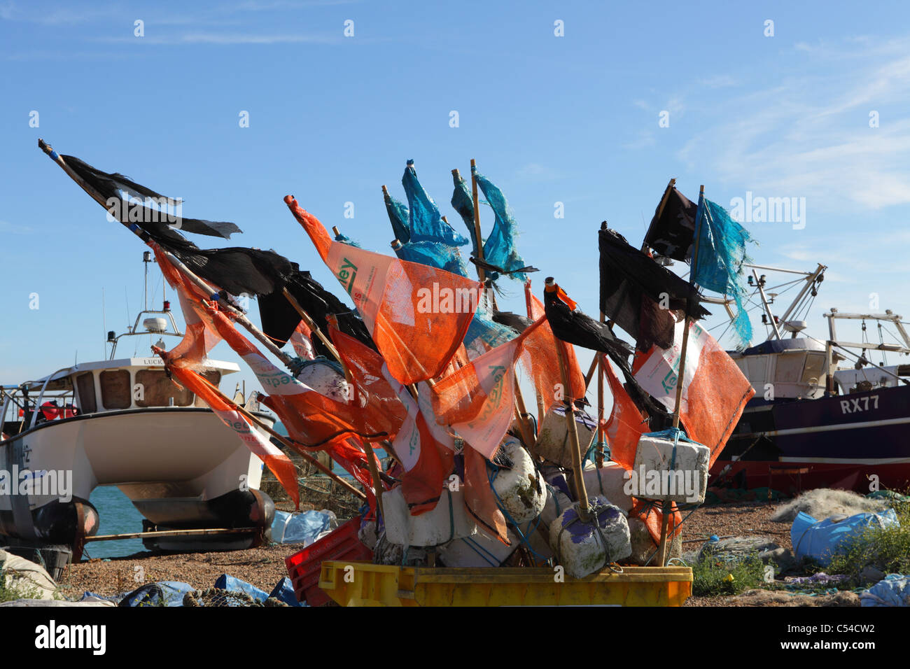 Marker flags for lobster and crab pots on Hastings stade fishermen's