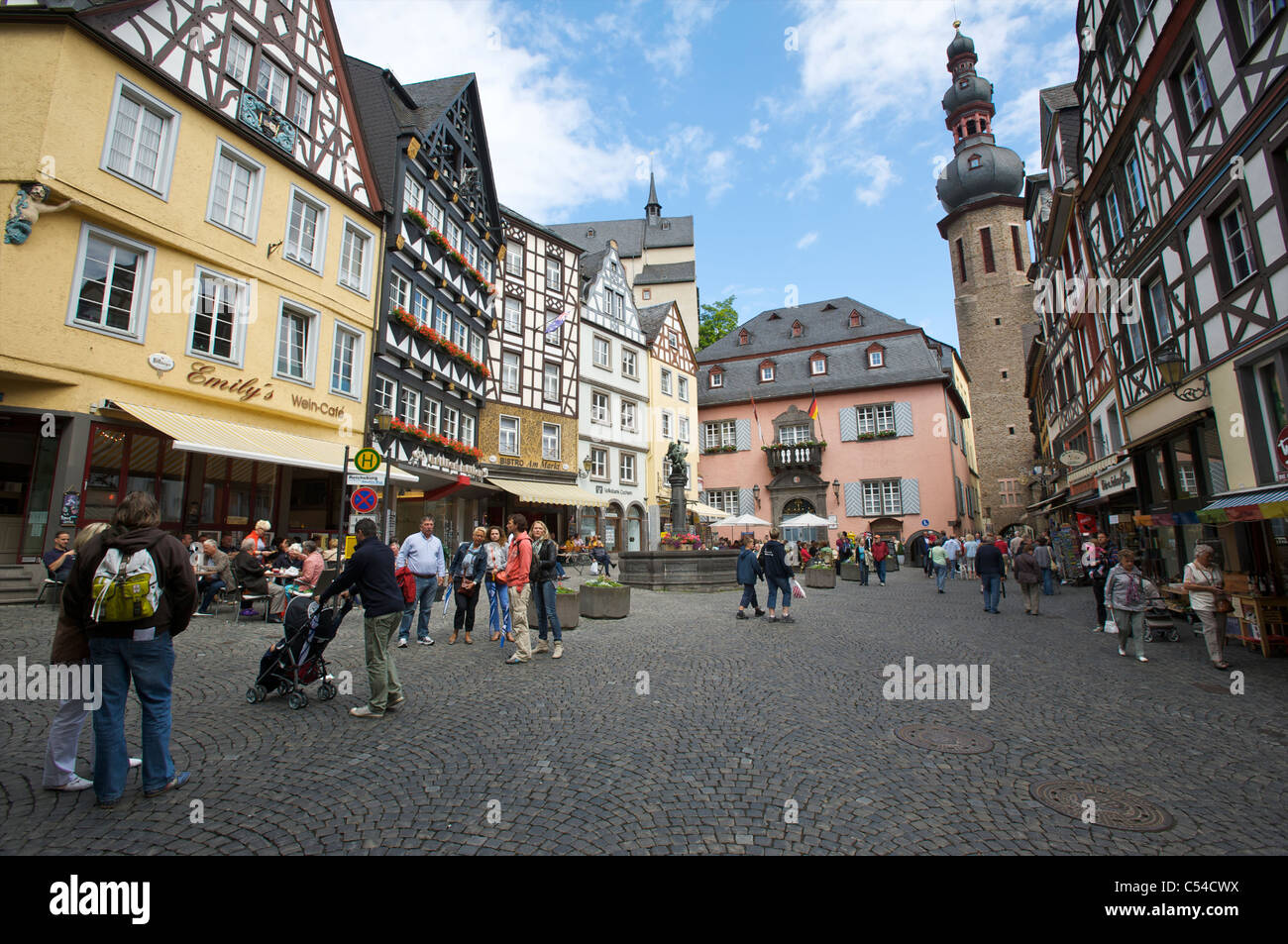 Town square with typical half-timber architecture and city hall in Cochem, Germany Stock Photo