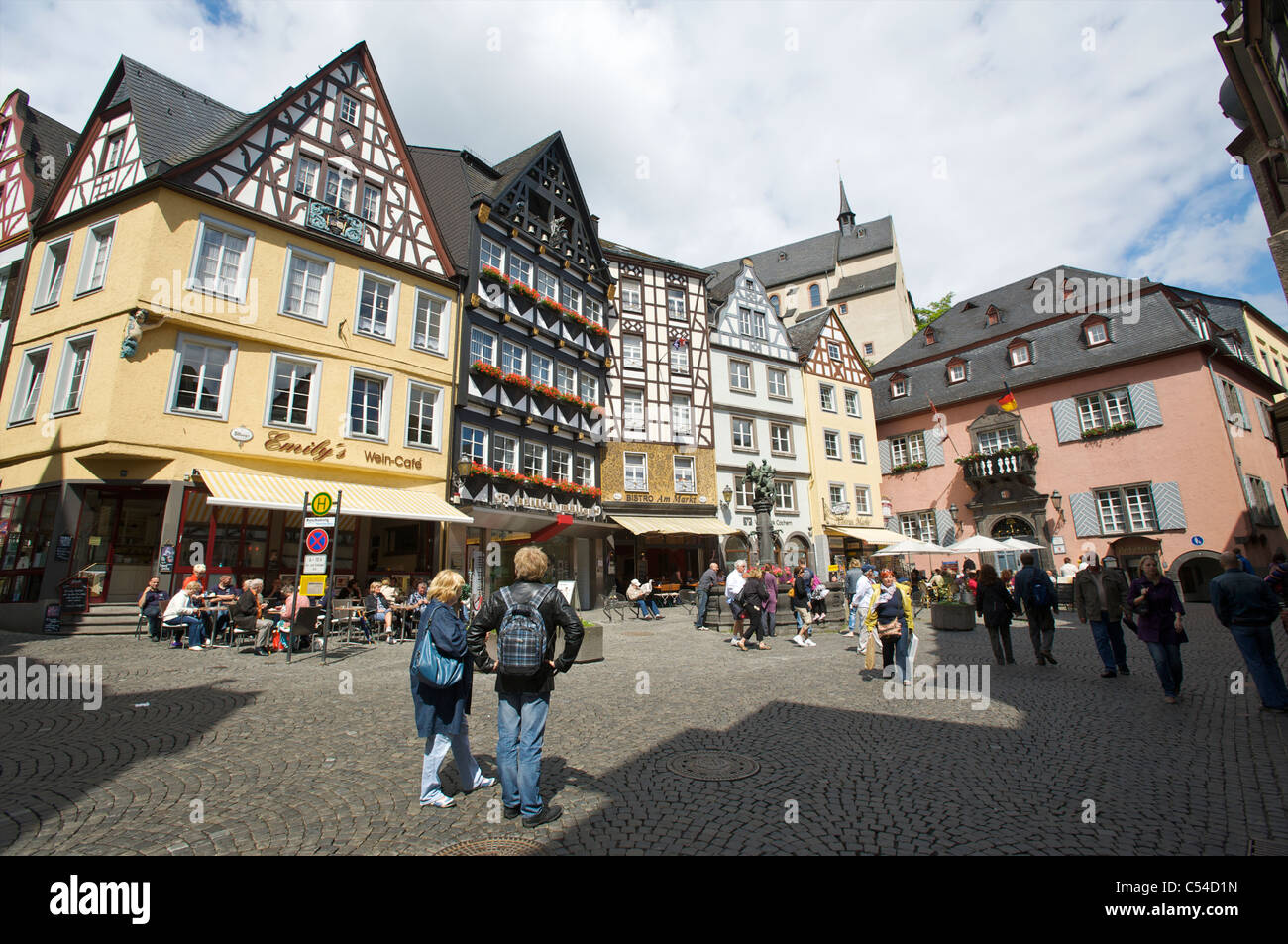 Town square with typical half-timber architecture and city hall in Cochem, Germany Stock Photo