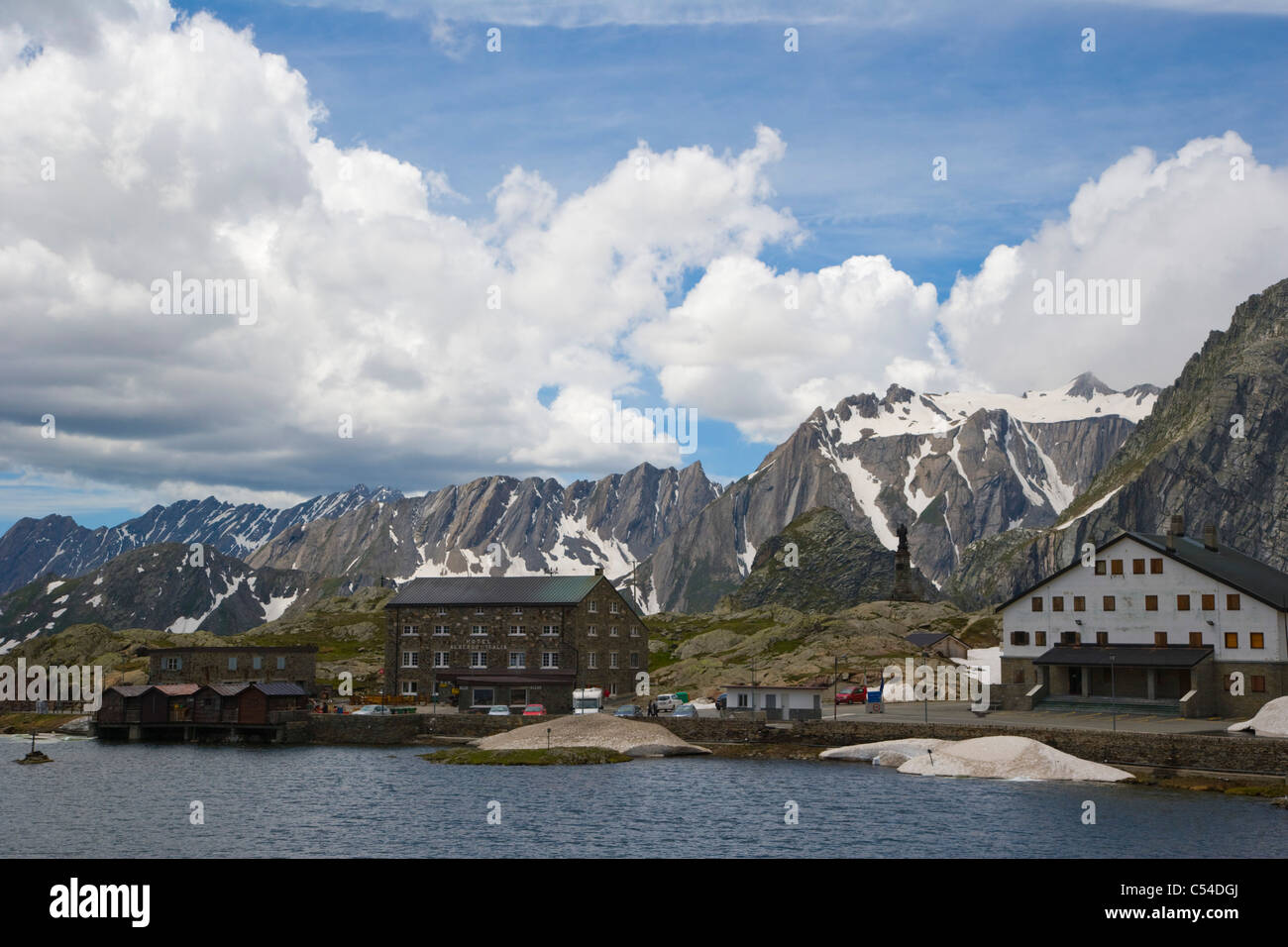 View over the lake to Italy from Switzerland, Grand Saint-Bernard, Great St Bernard Pass Stock Photo