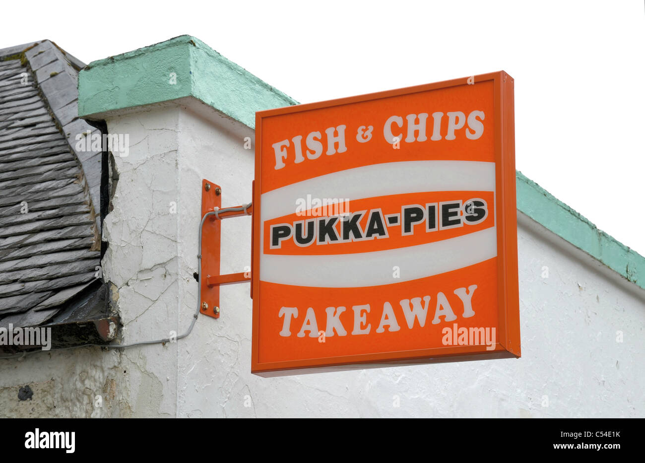 Pukka-Pies sign on the Riverside Chip Shop in Kinlochleven on the West Highland Way, Lochaber, Scotland, UK. Stock Photo