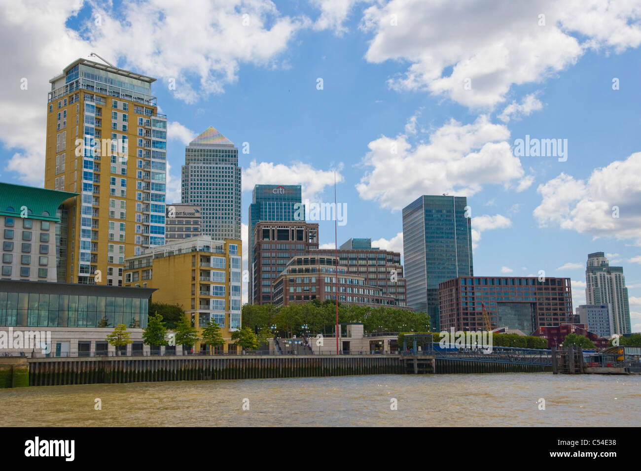 Canary Wharf, View from river Thames, Tower Hamlets, Docklands, London, England, UK Stock Photo