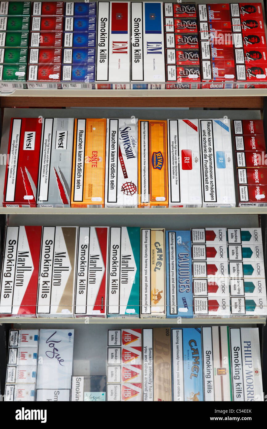 cigarette shelf in a duty free shop on Island Helgoland Stock Photo