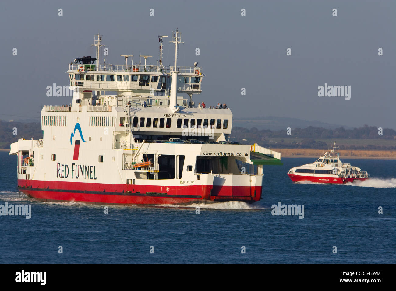 Red Falcon, Red Funnel, Ferry, Red Jet, passenger, Cowes, isle of wight, England, UK, Stock Photo