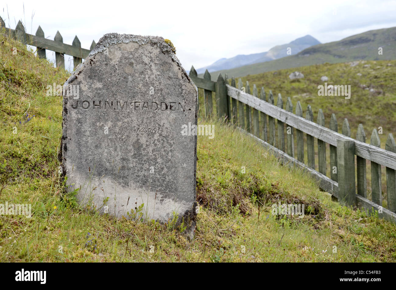 The grave of a worker who died during the construction of the Blackwater Reservoir near Kinlochleven in the Scottish Highlands in the early 1900's. Stock Photo