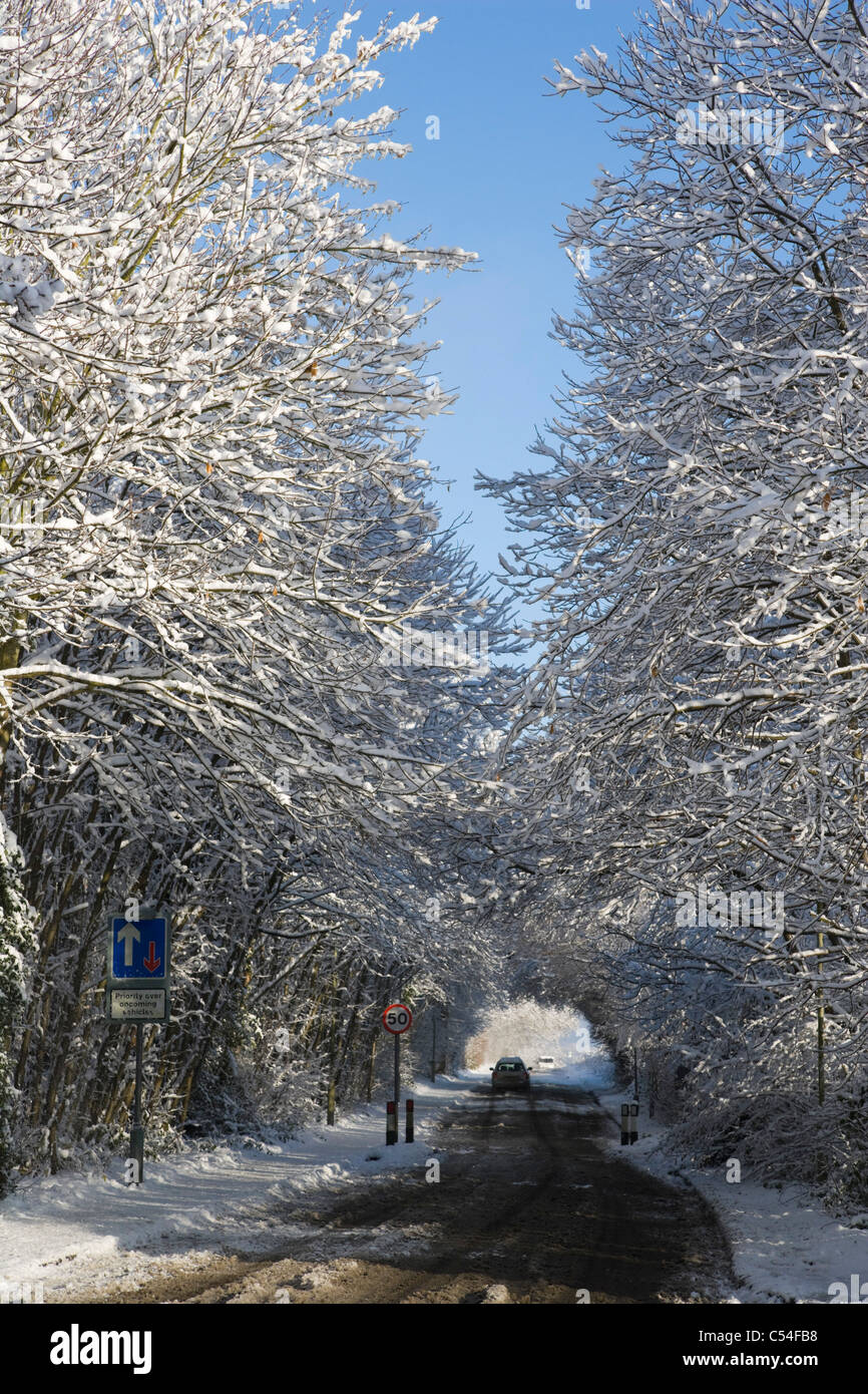 Snow covered road, Burghfield Common, Reading, Berkshire, England, UK