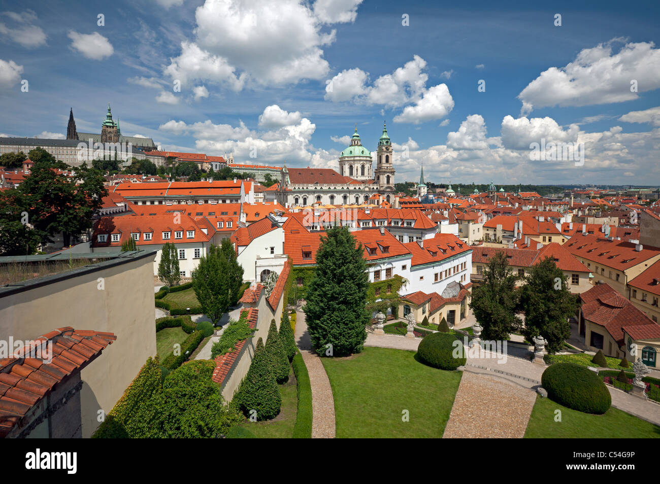 Prague - Vrtba Garden and skyline with St. Vitus and St. Nicholas Stock Photo