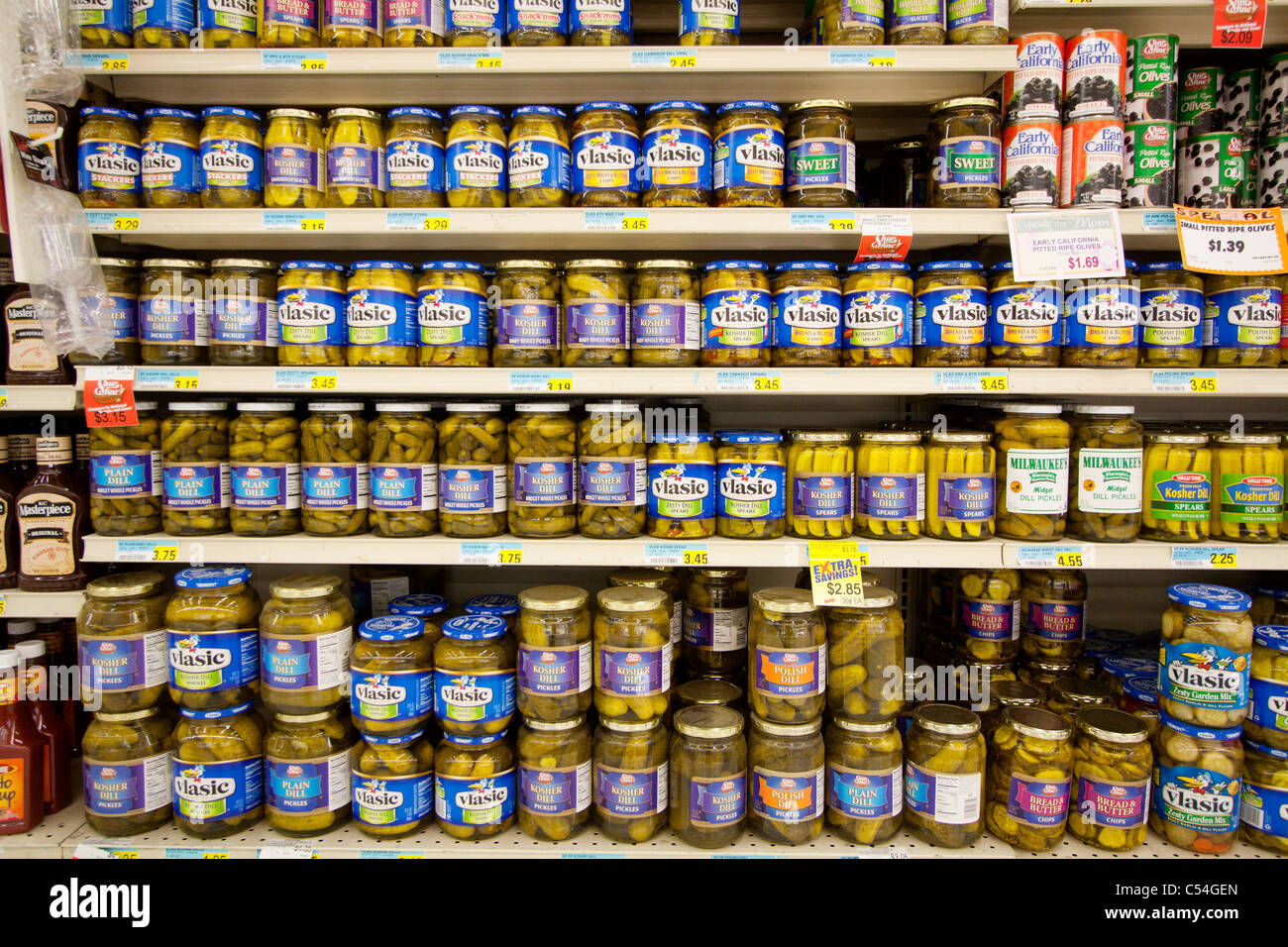 Pickles for sale in a grocery store in Kearney, Nebraska. Stock Photo