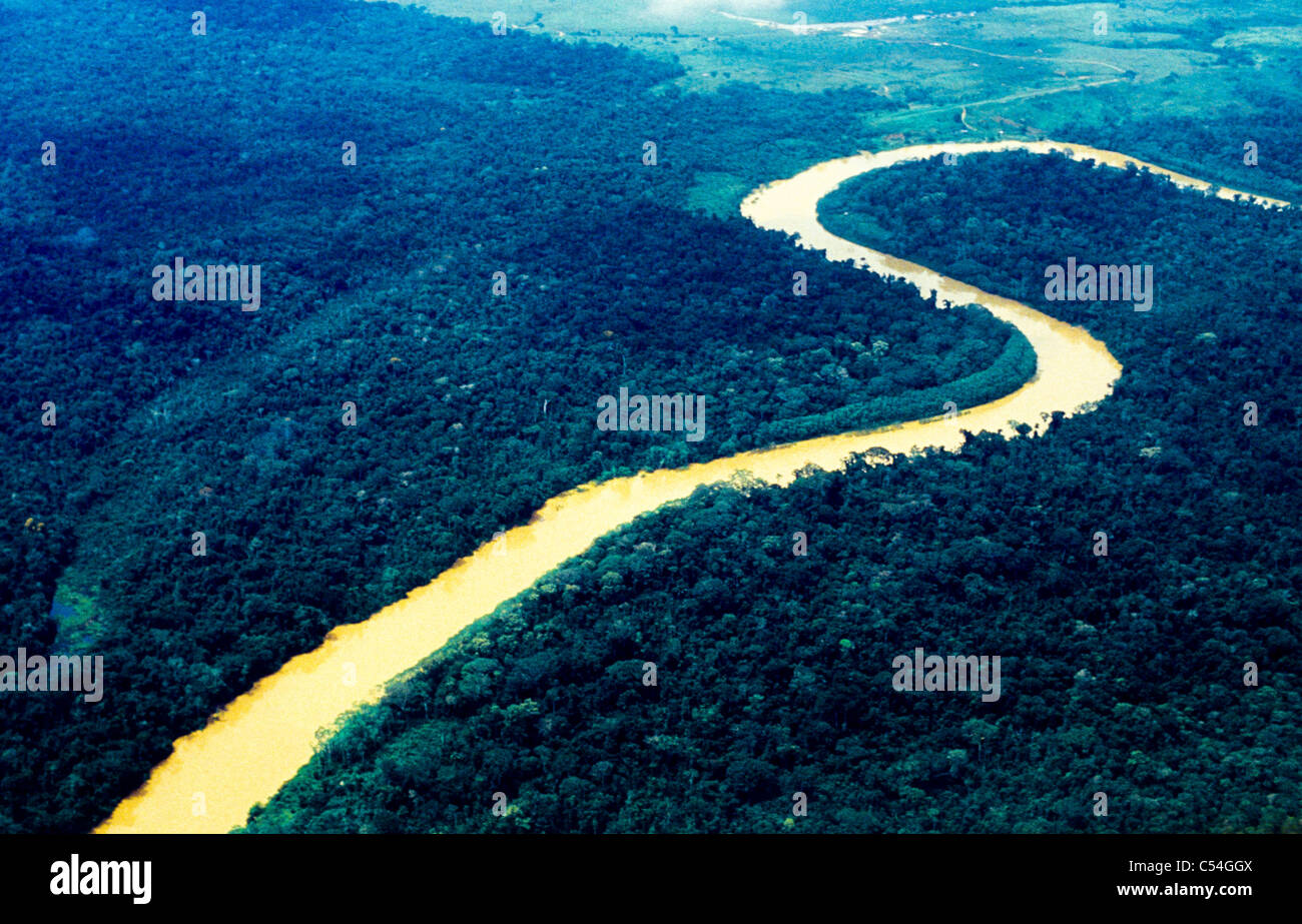 Aerial view of Amazon rain forest, river forest, Acre State