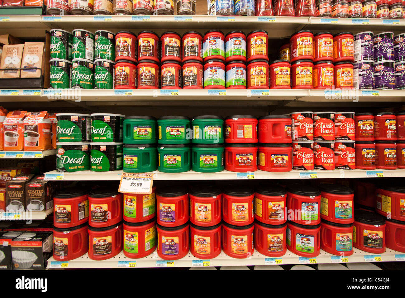 Coffee sold at a grocery store in Kearney, Nebraska, USA Stock Photo