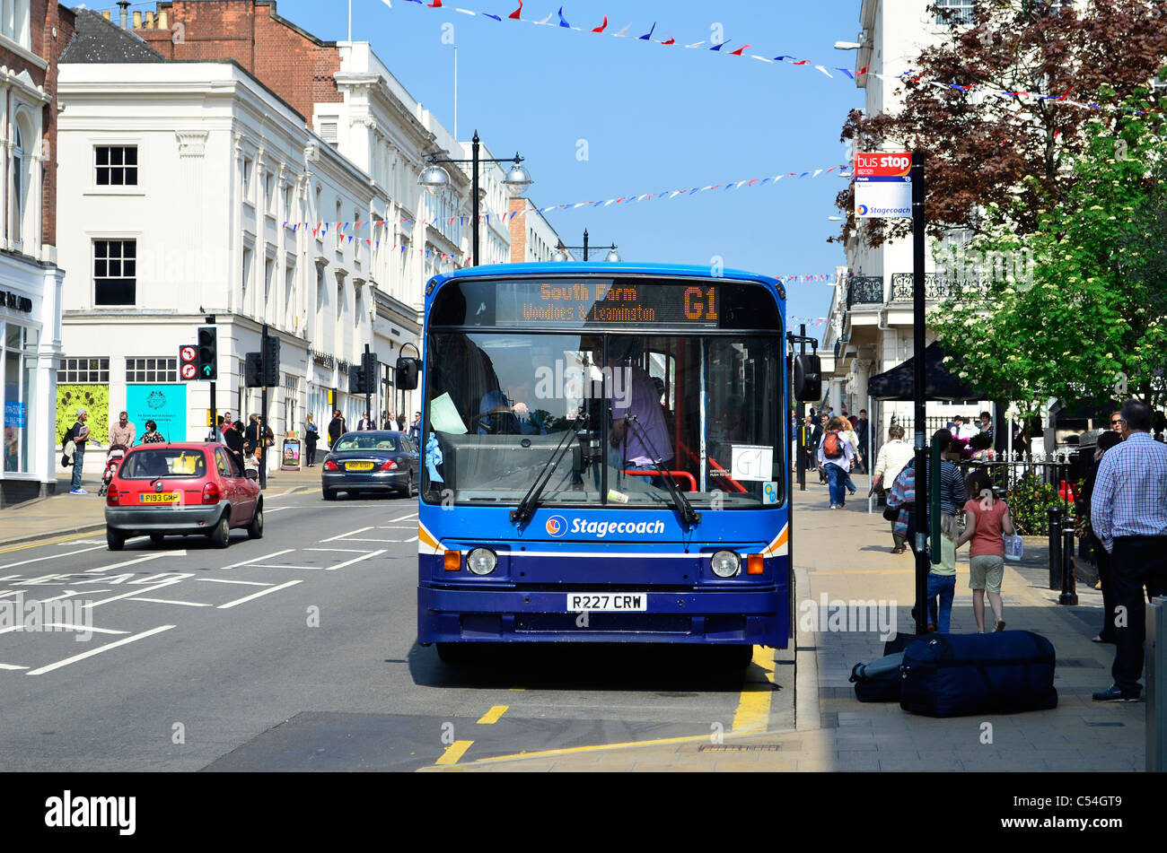 Bus stop, Parade, Leamington Spa, Warwickshire, UK. Local transport Stagecoach bus taking on passengers. Stock Photo