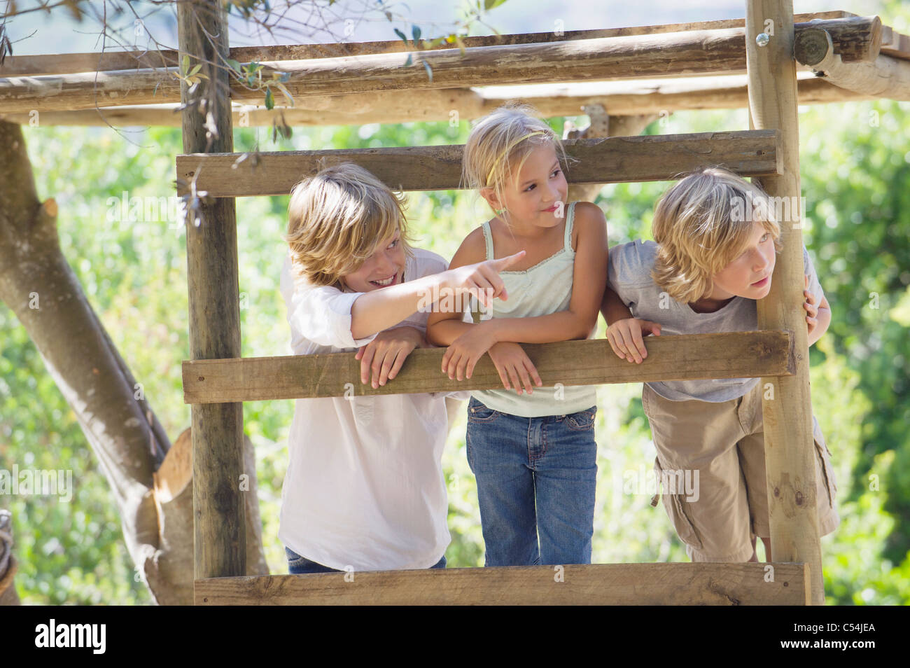 Smiling children looking away from tree house Stock Photo