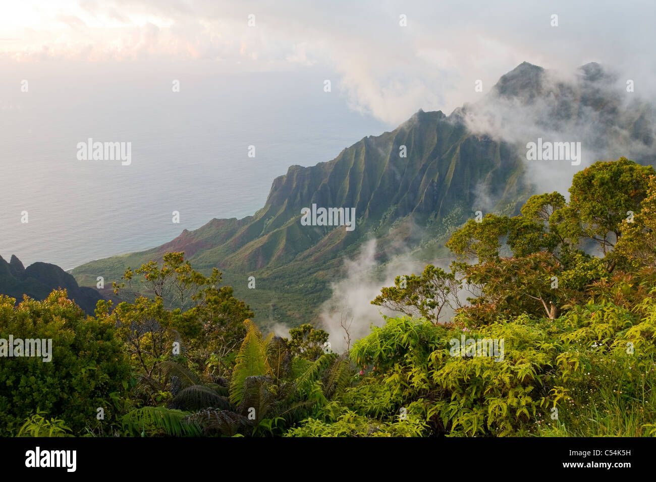 Sunset, Kalalau Valley, Kokee State Park on the island of Kauai Stock