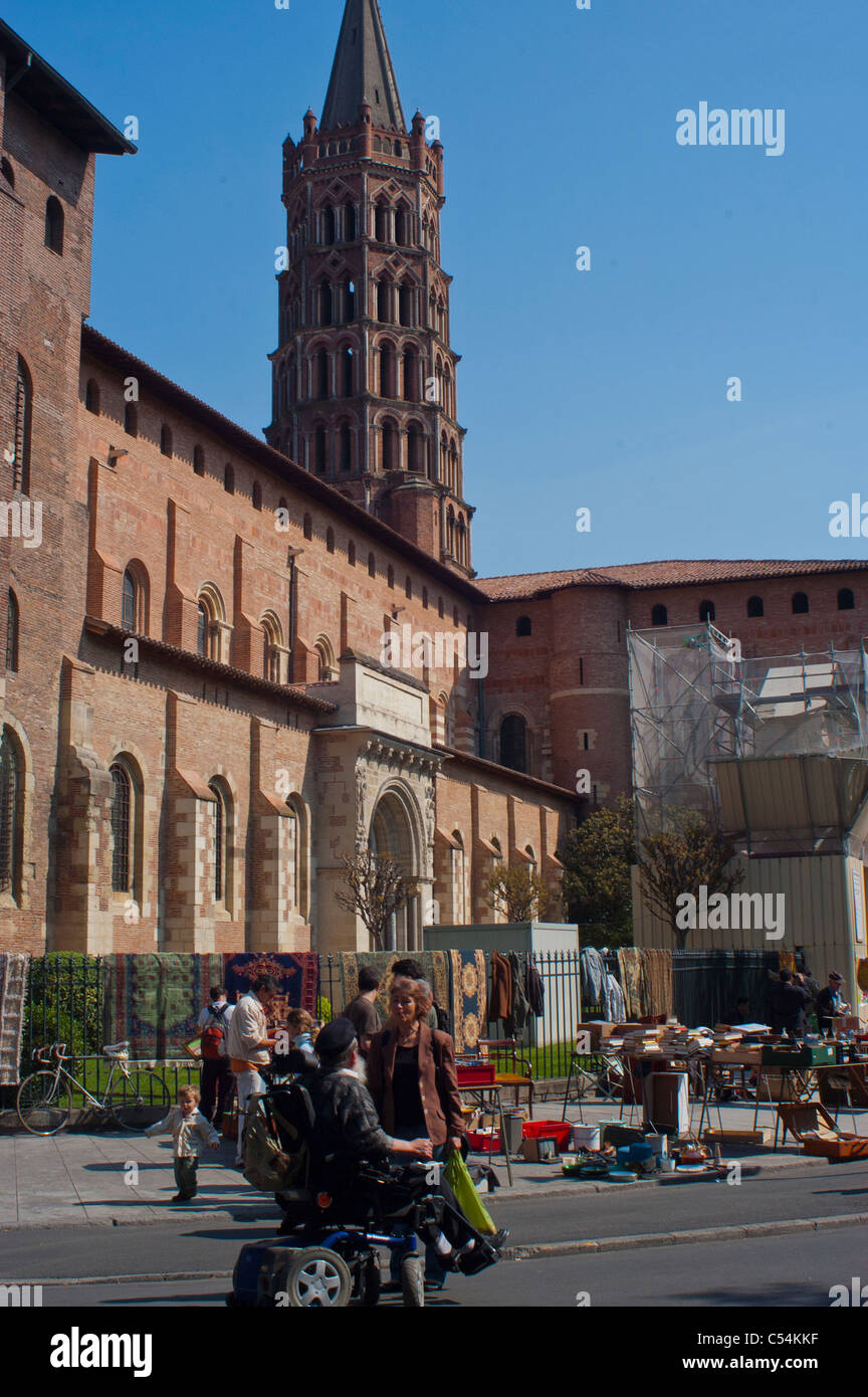 Toulouse, France, Man in Wheelchair Shopping Outdoor Flea Market near