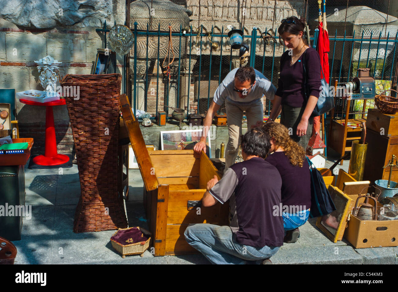 Toulouse, France,Teens Shopping at Outdoor Flea Market near Saint-Sernin Basilica Stock Photo