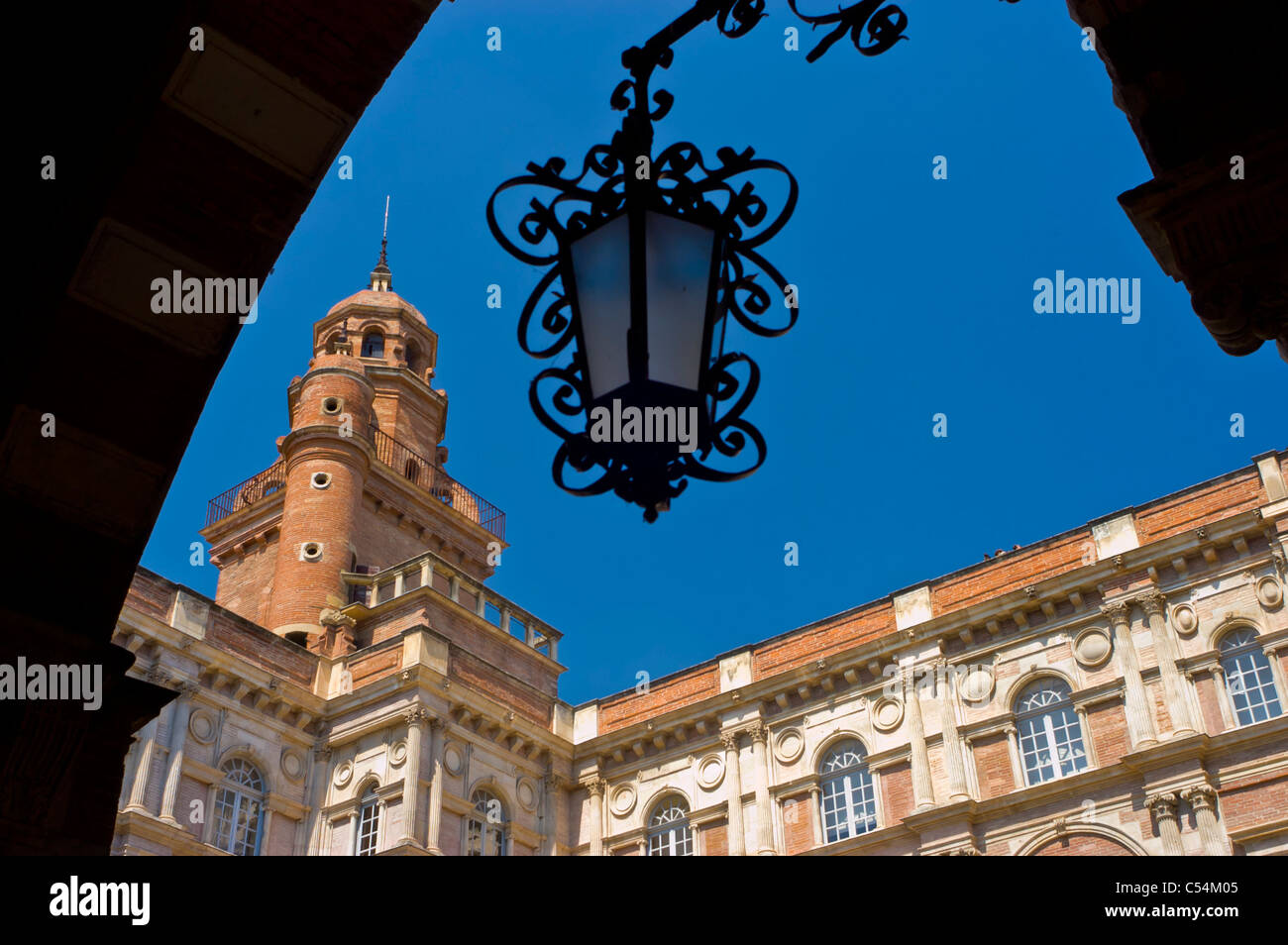Toulouse, France, French Monument, Art Museum, 'Hôtel d'Assézat', Detail, lamp, with Tower Stock Photo