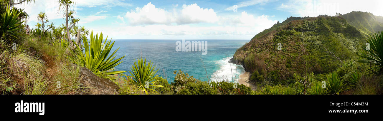 Panoramic view over Na Pali coast from the 11-mile Kalalau trail, Kauai, Hawaii. Stock Photo