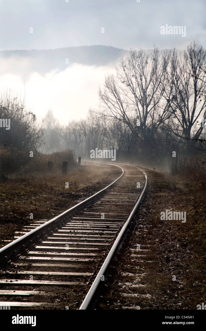 rails in the fog Stock Photo