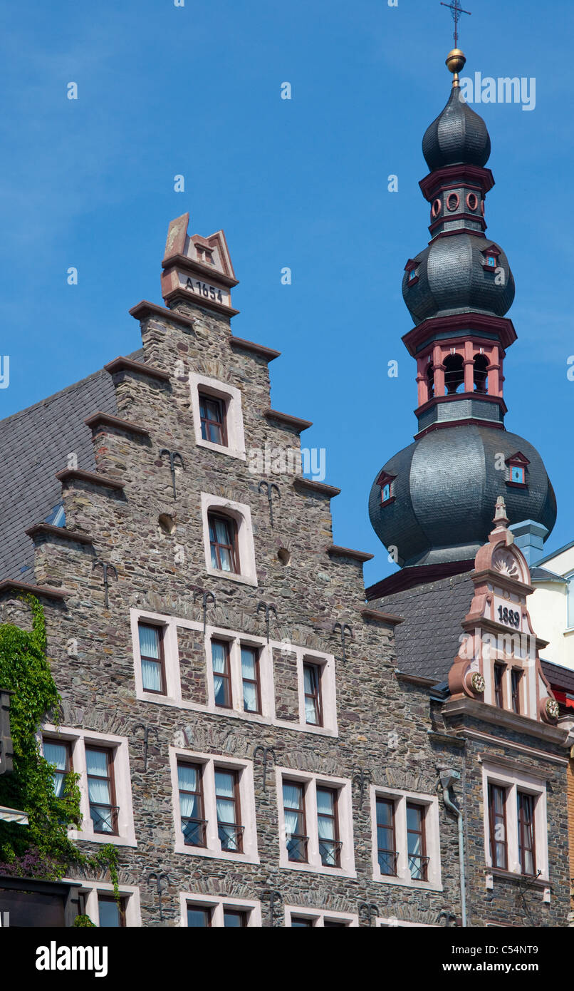 Gable roofs, old houses at the promenade, behind the Sankt Martin church, Cochem, Moselle, Mosel river, Rhineland-Palatinate, Germany, Europe Stock Photo