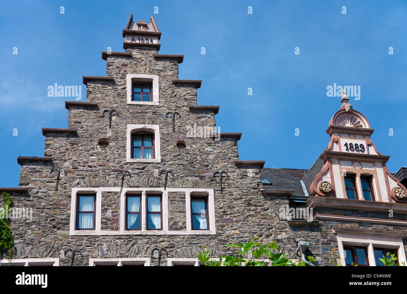 Gable roofs, old houses at promenade, Cochem, Moselle, Mosel river, Rhineland-Palatinate, Germany, Europe Stock Photo