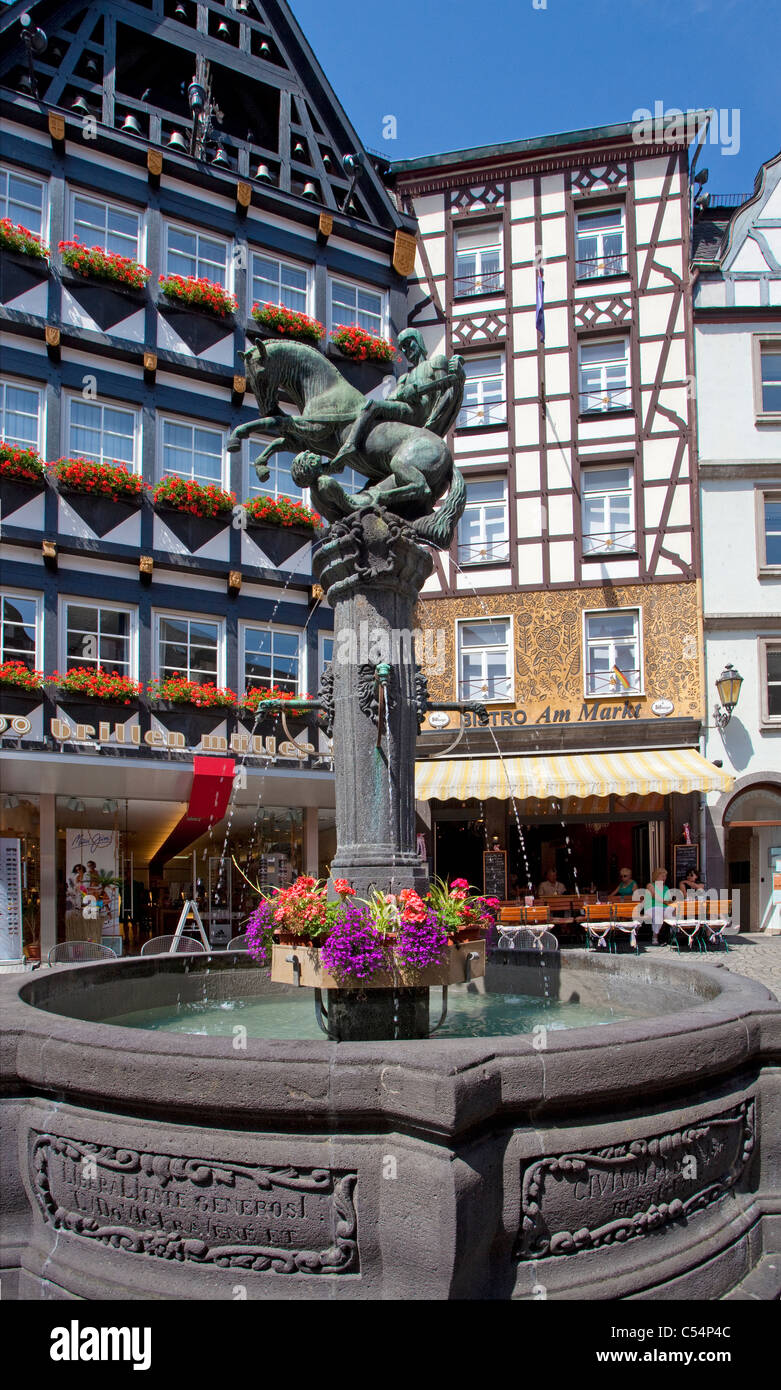 Historical fountain at market square, holy saint Martin, patron saint of the town, Cochem, Moselle, Mosel river, Rhineland-Palatinate, Germany, Europe Stock Photo