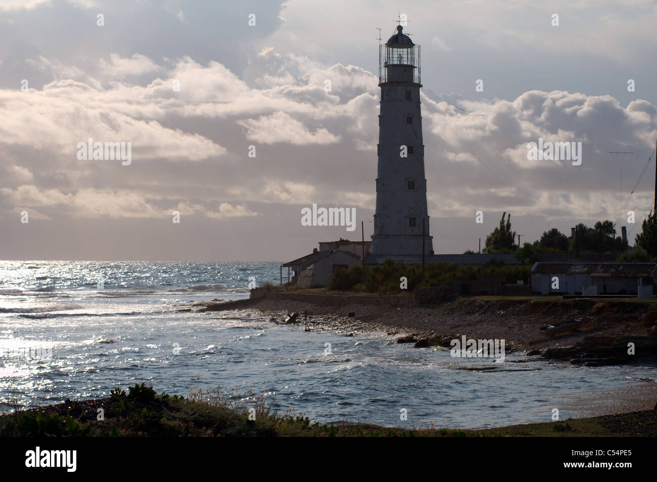 Beacon on cape Tarhankut, Crimea, Black sea Stock Photo