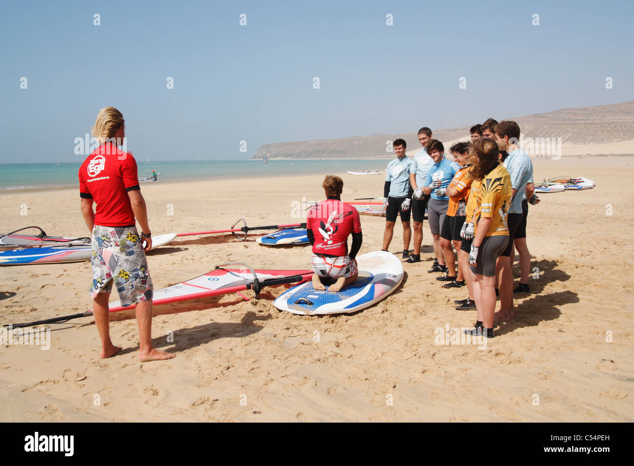 Windsurfing lesson on Sotavento beach, Jandia, Fuerteventura, Canary Islands, Spain Stock Photo