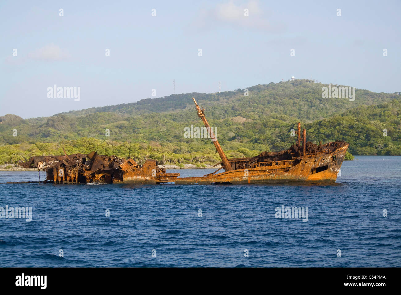 Shipwreck at the entrance of French harbour, Roatan, Bay islands, Honduras, Caribbean Stock Photo