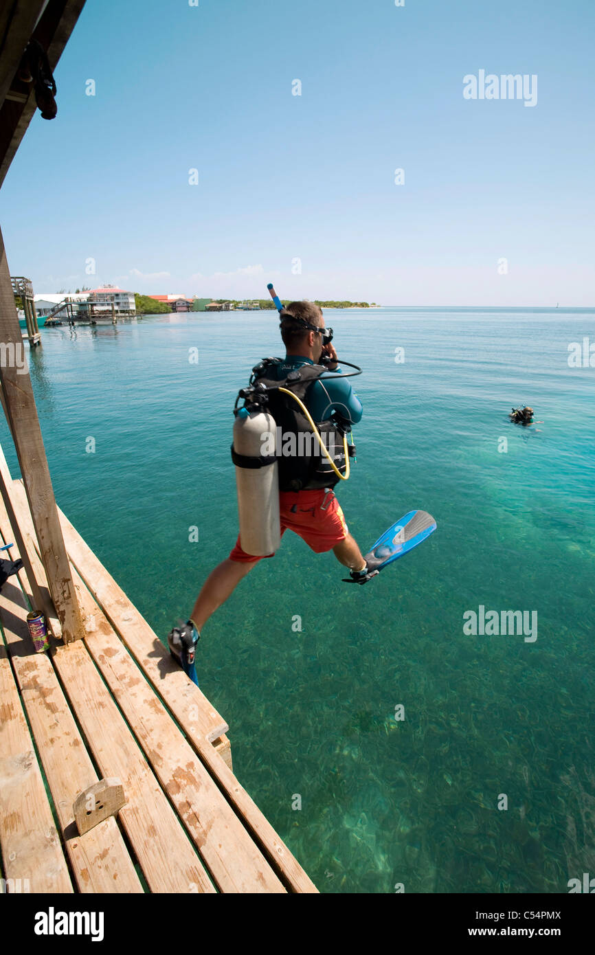 Scuba diiver jumps in the sea, Utila, Bay islands, Honduras, Caribbean Stock Photo