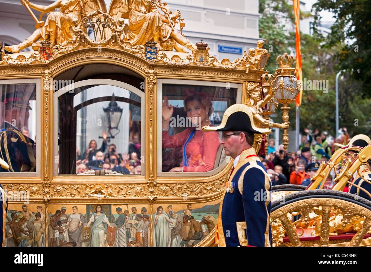 Netherlands, The Hague, 3rd tuesday of September: Prinsjesdag. princess Maxima and prince Willem Alexander in golden coach. Stock Photo