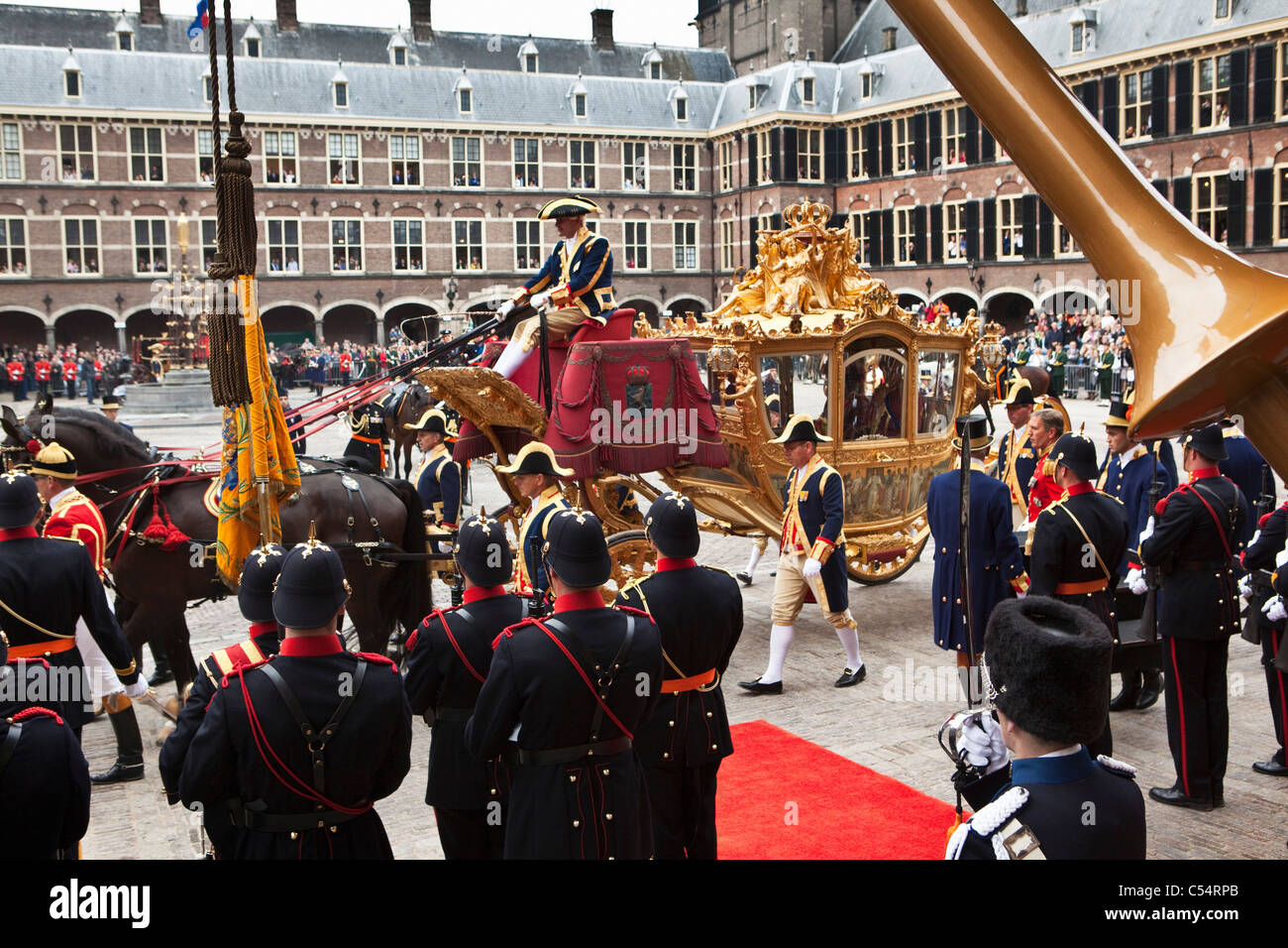 The Netherlands, Prinsjesdag, Princess Maxima, prince Willem Alexander, queen Beatrix arriving in golden coach at parliament Stock Photo