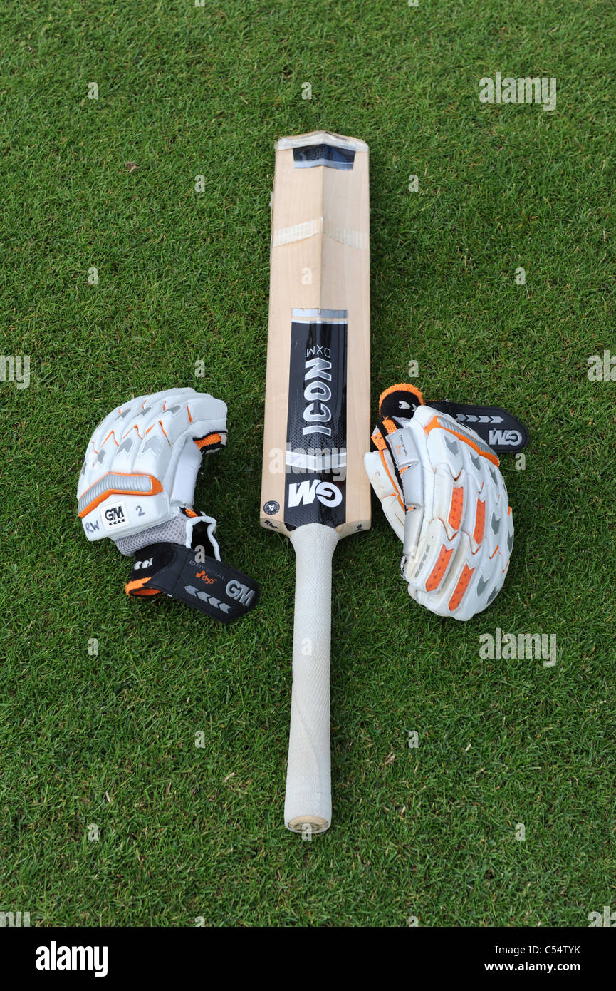 Cricket bat and gloves on grass Stock Photo