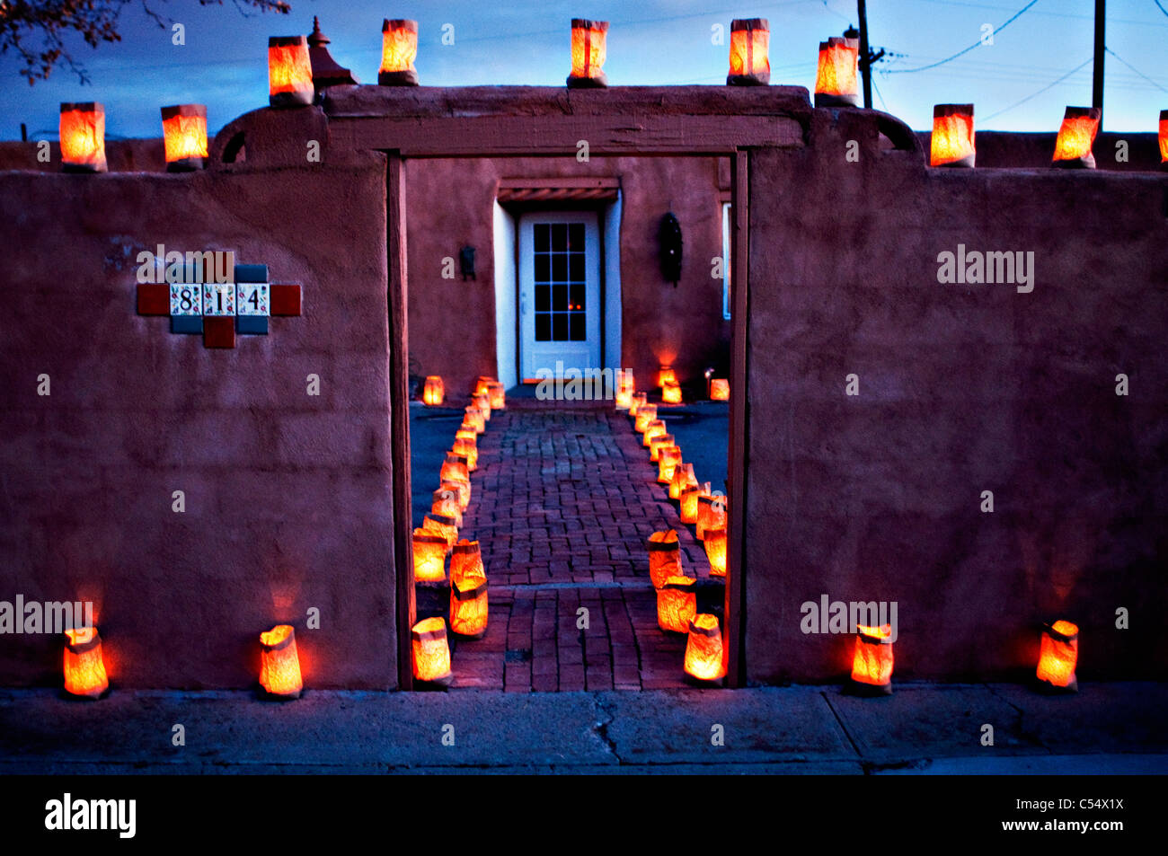 USA, New Mexico, lanterns around house at night, Luminarias, or