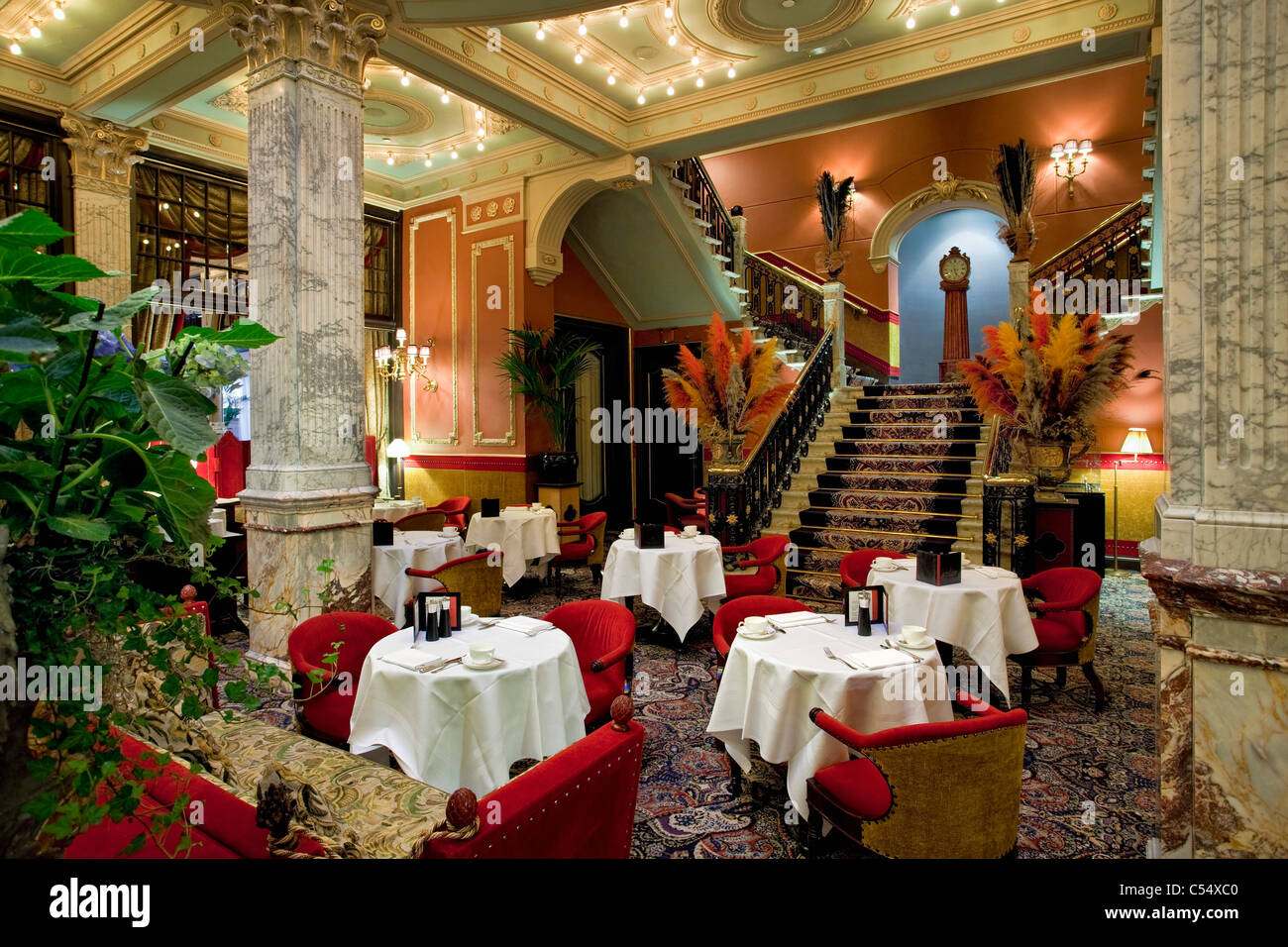 The Netherlands, The Hague, Den Haag, Hotel Des Indes, Interior, restaurant and stairs. Stock Photo