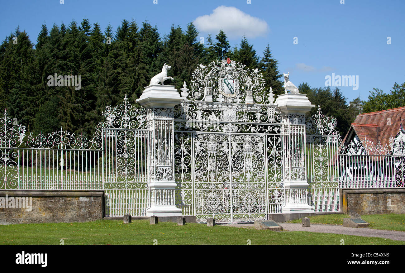 Wrought-iron gates leading to Chirk Castle, Wales. Stock Photo