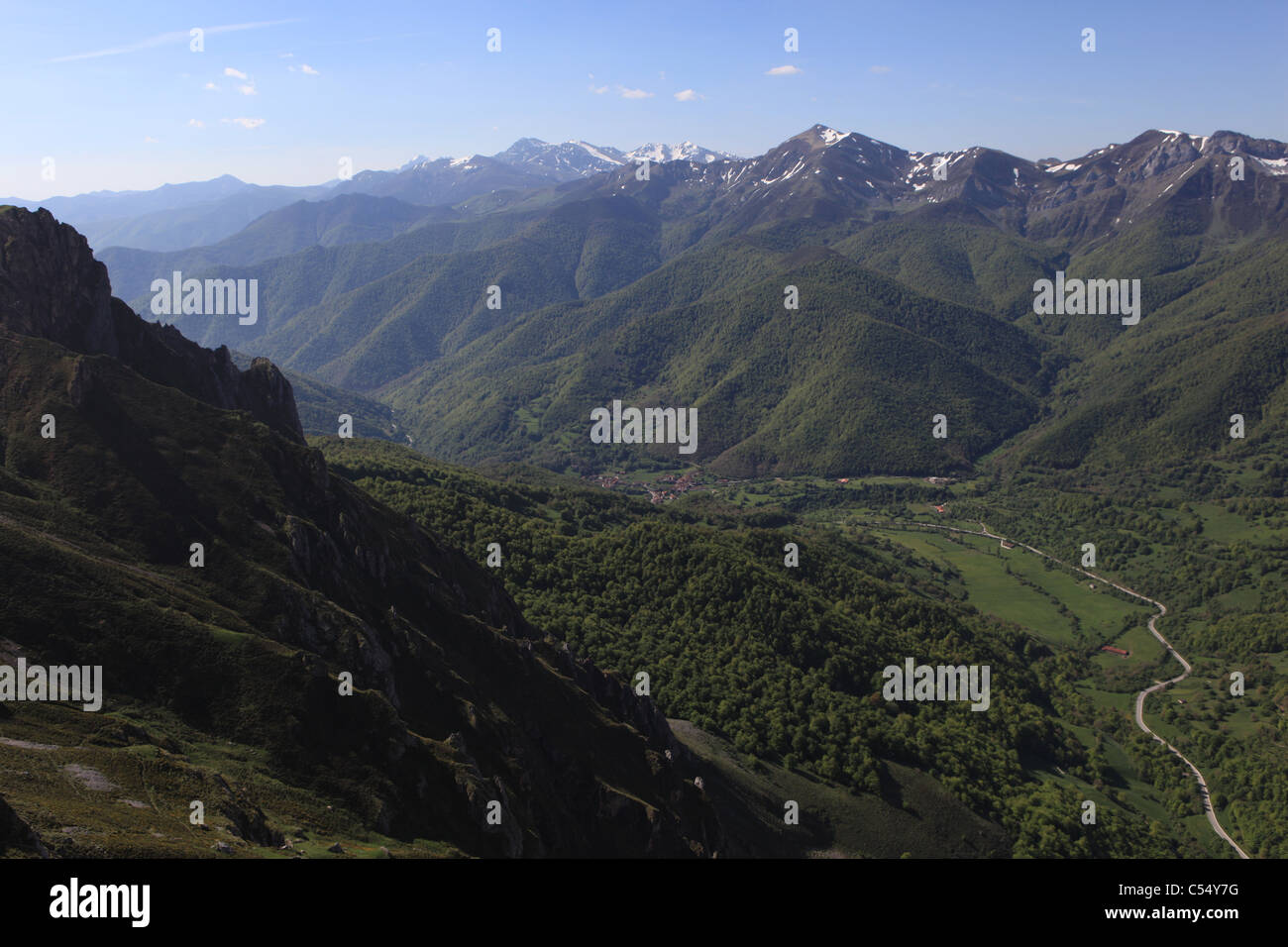 View from [El Cable] top cable-car station of [Fuente de] teleferico, of limestone [Picos de Europa] mountains in Cantabria Stock Photo