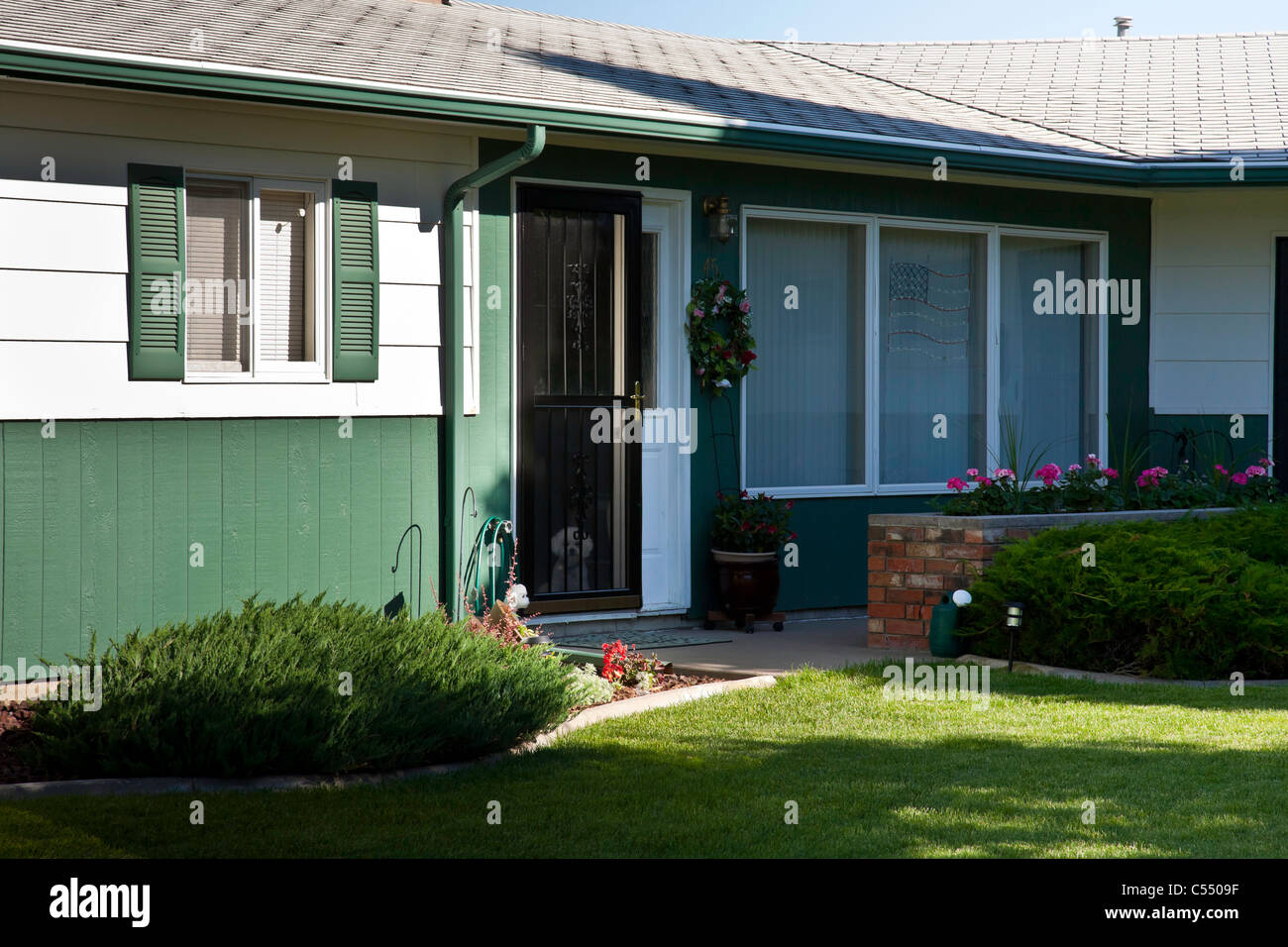 Residential House Exterior in Middle Class Neighborhood, MT, USA Stock