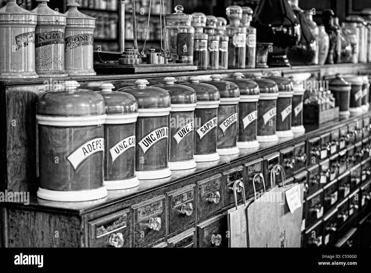 Chemist shop as seen and used in Victorian times, Blists Hill Town. Stock Photo